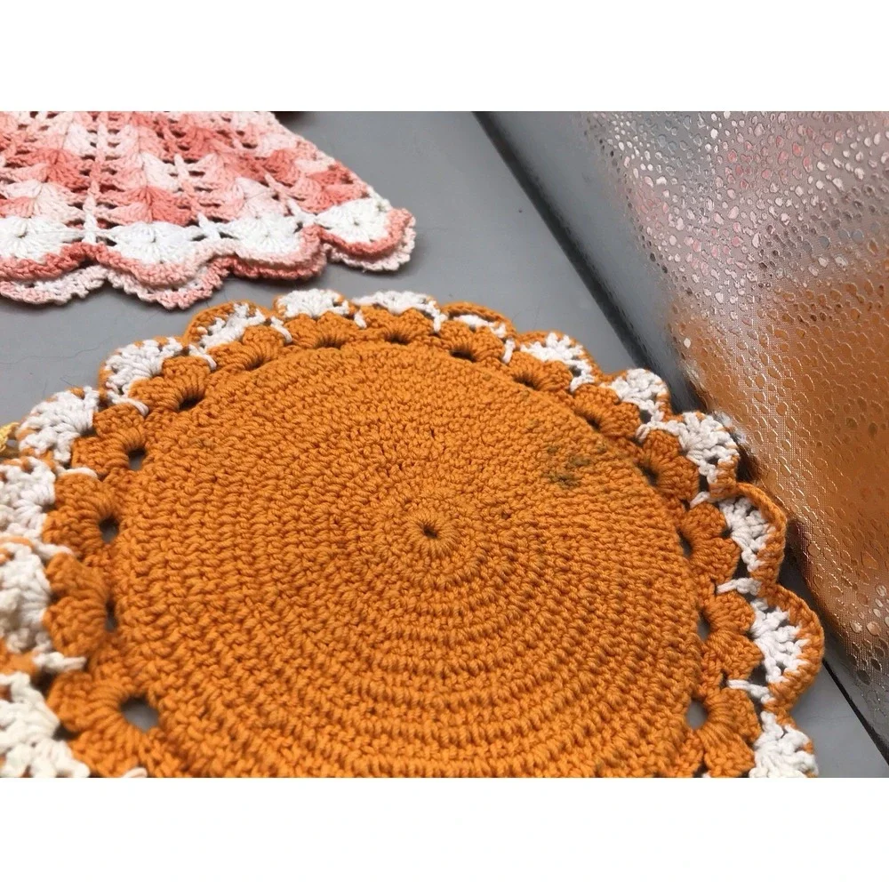5 Crocheted Trivets Orange One Is Slightly Stained 5